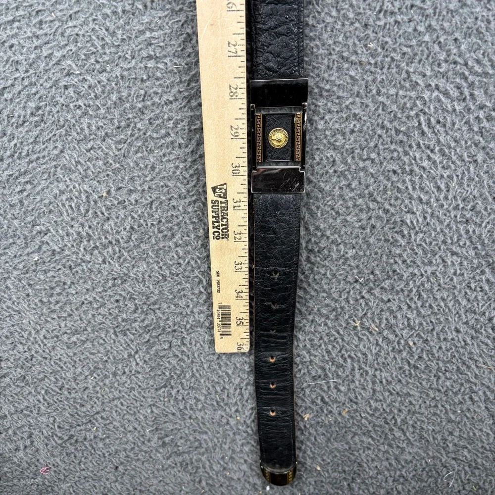 Vintage Lion Head Medusa Greek Key Black Ostrich‎ Leather Belt Size 38 Mens